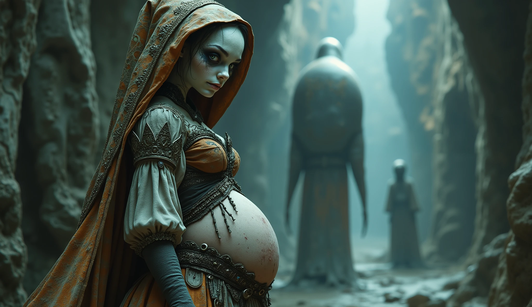 Bulky Form Pregnant woman in a dark cave with a man in the background - SeaArt AI