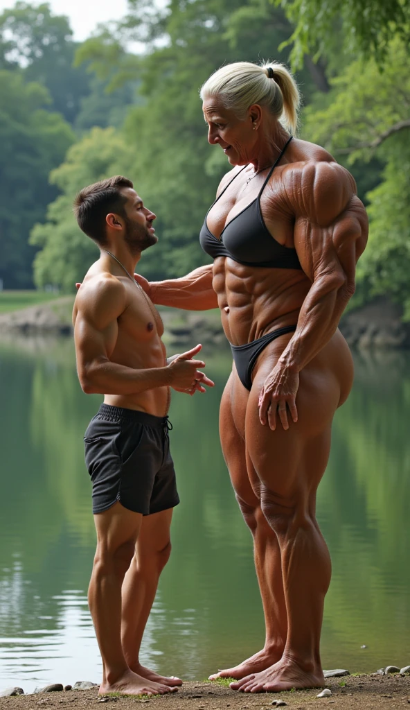 small fat asian man and huge female bodybuilder