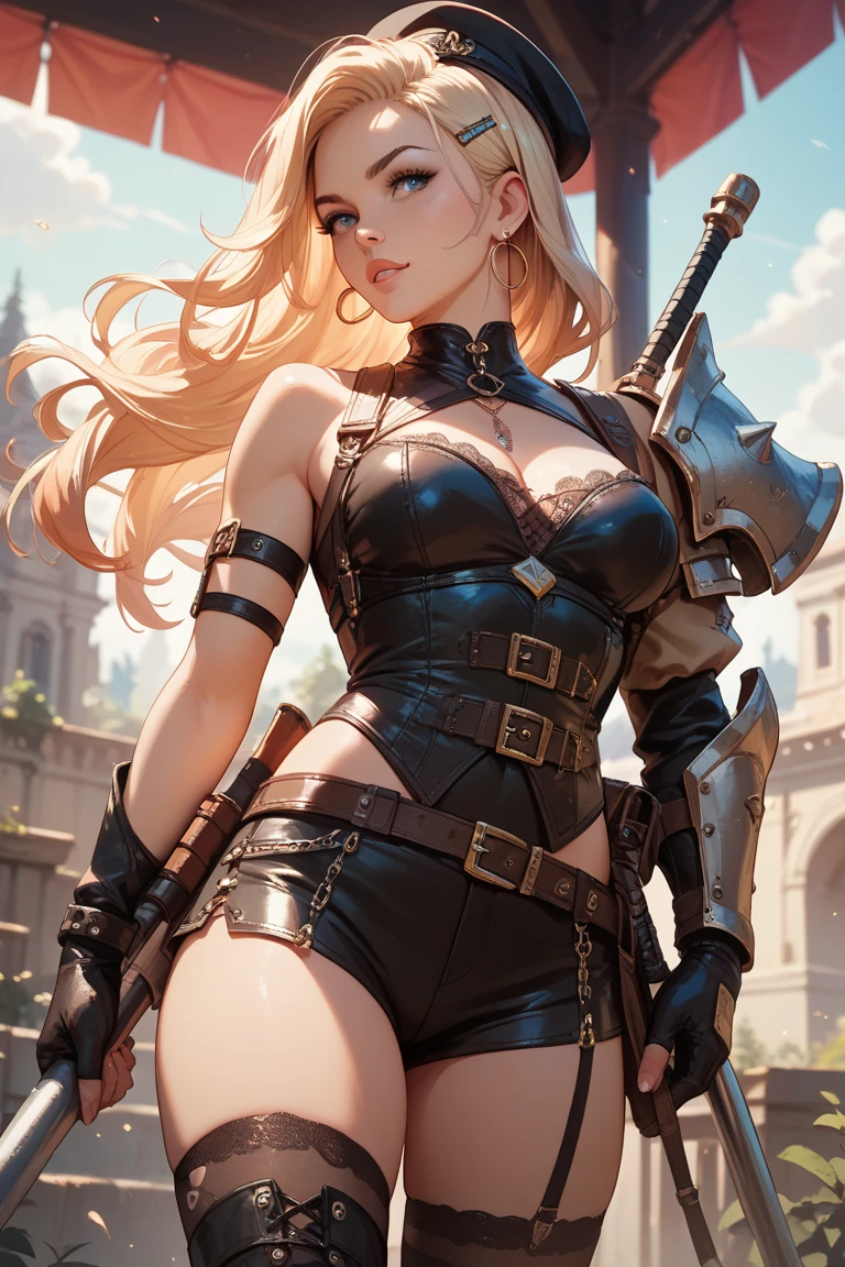 Mujer chica sexy chica, Pelo blanco y corto, cuerpo completamente cubierto por una armadura RPG asesina medieval, pechos grandes, corset, dagas, mascarilla, sexy, casta, ojos rojos