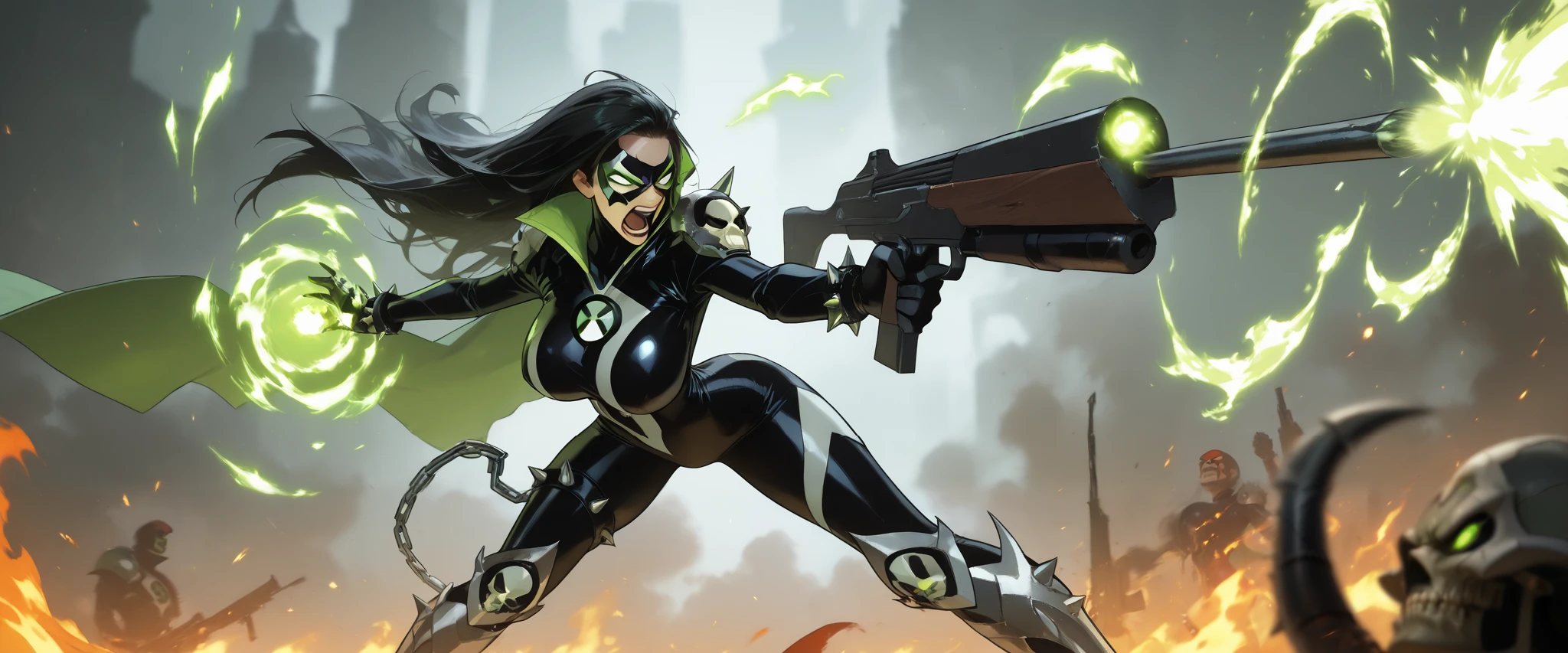 masterpiece, 1girl, solo, good quality, best quality, very awa, very as2, absurdres, highres
 sespwn, long hair, mask, green eyes, black hair,no pupils, leather jacket, bodysuit, black bodysuit, high collar, gloves, spikes, chain, skull pauldrons, thigh strap, spiked bracelet, greaves, boots, breasts, huge breasts, green cape,
magic, fire, weapon, rifle, holding gun, angry, open mouth, teeth, aiming, firing,ben10