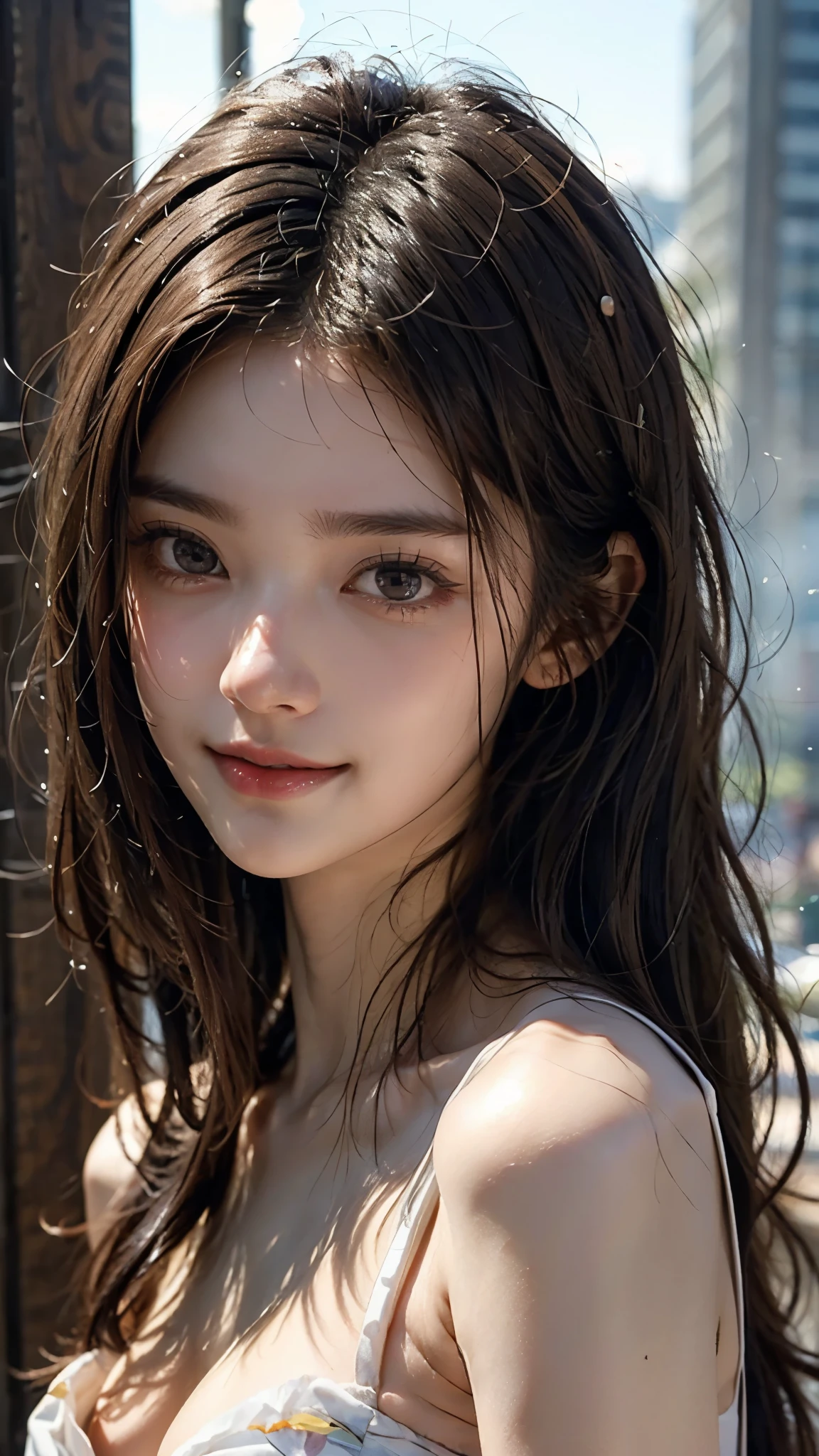 realism, highest resolution from vagina,software, (most absurd quality ), (Top Quality Real Skin ), ((Completely-Blowed)), ((Little Sana Head), Anatomically Accurate:1.4), ((Firm, Fuller Breasts :1.3)),(most absurd quality perfect eye), ((Close Up Focus on the Face,beautiful sharp smile:1.2), very well detailed:1.2), ( bright skin), (( Clear and Unfoggy 、sharp perfect round realistic dark_eye:1.35), very well detailed:1.4), Finely Detailed Papyrus , detailed lips:1.3, ( quality improvement:1.4), 1. lady, supermodel, , perfect anatomy:1.37, Smooth lighting, Japanese woman, Cyberpunk Woman, action, gravure, (Summer One Piece Dress:1.37), no background:1.1, (Dark eye), Symmetrical eye, thin lashes, Shaping your eyebrows, natural makeup, (flat chest:1.37), ( Slender Lower Body ), shiny brown hair, Long bangs , (long hair wolf cut:1.21), Movie Light ,