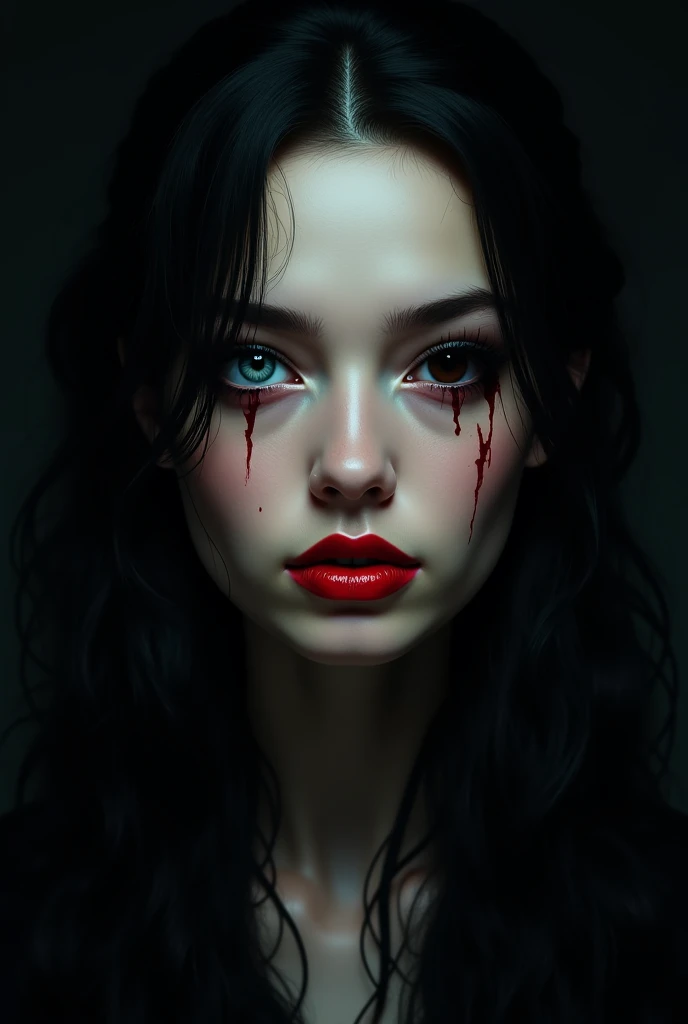a vampire girl with beautiful detailed eyes, beautiful detailed lips, extremely detailed face, long eyelashes, ((sharp vampire teeth)), blood dripping from mouth, pale skin, dark eyeshadow, gothic black dress, moody dark lighting, dramatic chiaroscuro lighting, dark fantasy, digital painting, cinematic, dramatic, hyper detailed, 8k, photorealistic