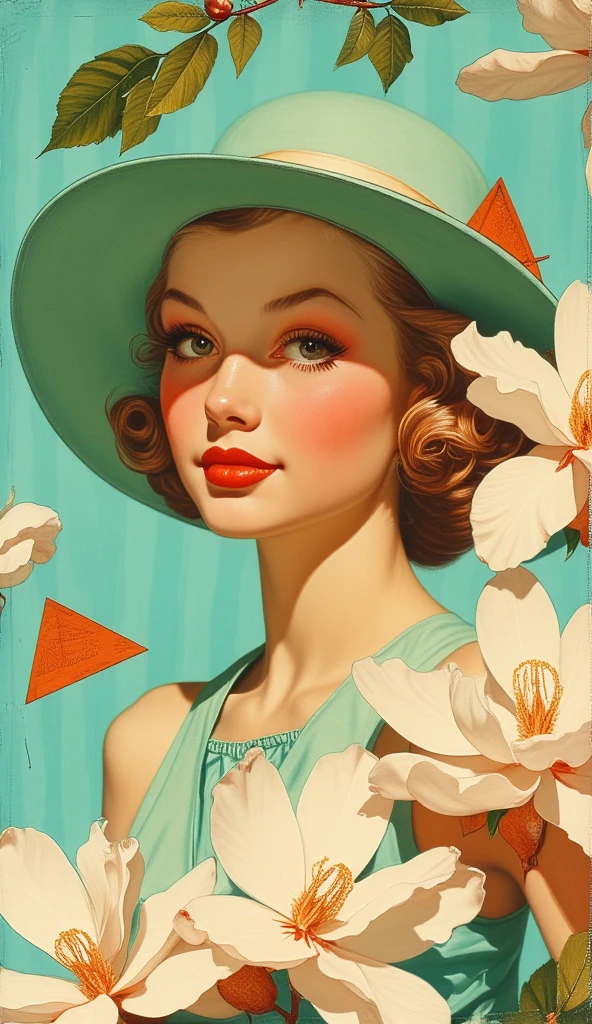 The painting shows a man wearing a big hat、 Red Hat、Profile、Woman holding a bouquet of flowers, Black dress,Green Background, Elegant Numbers艺术, Digital Style, Digital illustration style, Elegant lady, Inspired by Lois Dodd, Inspired by Felix Vallotton (Félix Vallotton), Elegant Numbers, Inspired by Esteban Vicente (Stephen Vincent), Elegant woman,