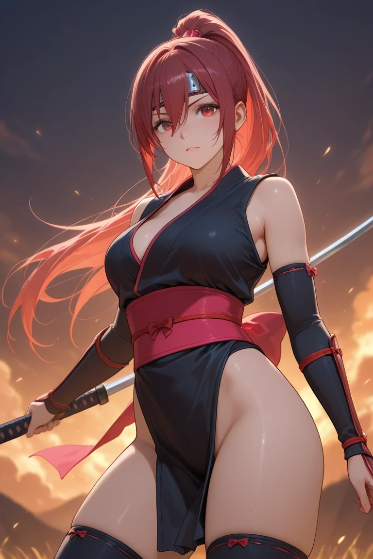slender, mature female, weapon, sword, 1girl, rating:safe, petals, long_hair, breasts, gloves, red_eyes, very_long_hair, cleavage, bare_shoulders, navel, high_ponytail, ponytail, choker, large_breasts,thighhighs, solo, bikini, swimsuit, collarbone, holding, sidelocks, holding_sword, looking_at_viewer, red_hair, bangs, hair_between_eyes, black_bikini, black_gloves, holding_weapon, black_legwear, halterneck, floating_hair, thighs, closed_mouth, sheath, stomach, armband, eyebrows_visible_through_hair, ass_visible_through_thighs, falling_petals, smile, standing, criss-cross_halter, belt, night, black_choker, gradient