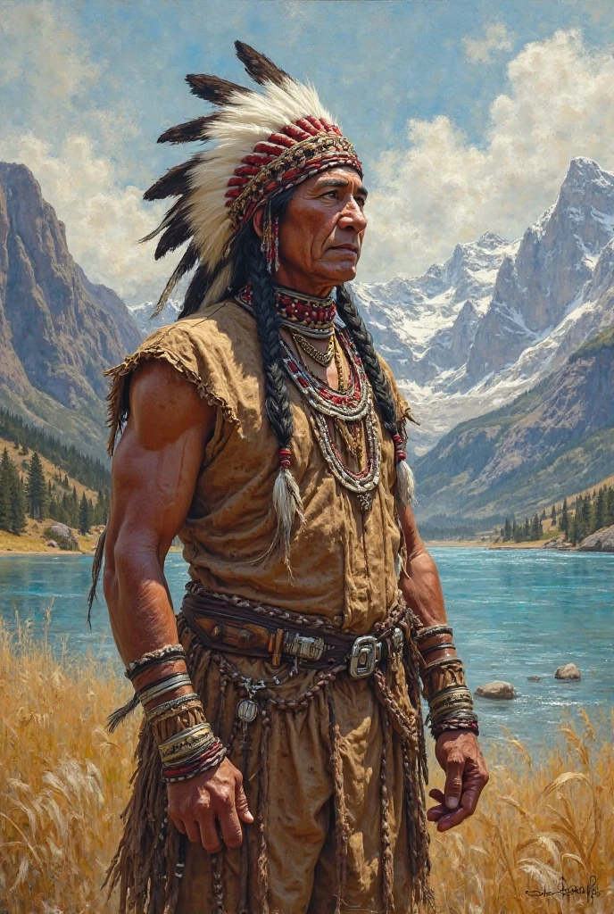 ,award-winning  realistic digital painting, 

(outdoors, rugged mature  native American in mountain country  :1.2), (by Alphonse Mucha:1.2, midjourney style, (by Greg Rutkowski:1.1), highest quality, (detailed face and eyes:1.2), natural light,