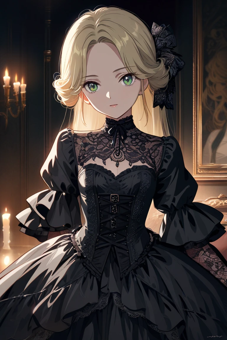 Gothic fashion woman,(masterpiece, Highest quality) detailed,Silver Accessories , blonde ,Pointy Ears ,Lace Underwear,Double Tail,Waist-length hair,smile,White lace socks,Rococo、Gorgeous dress