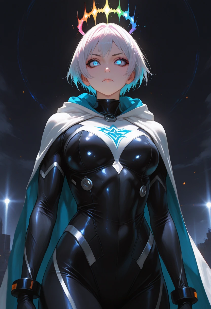 wo-class aircraft carrier, gloves, hair, 1girl, short hair, white hair, solo, white skin, black gloves, bodysuit, blue eyes, black cape, leather pants, room, from below, Masterpiece, Best Quality,