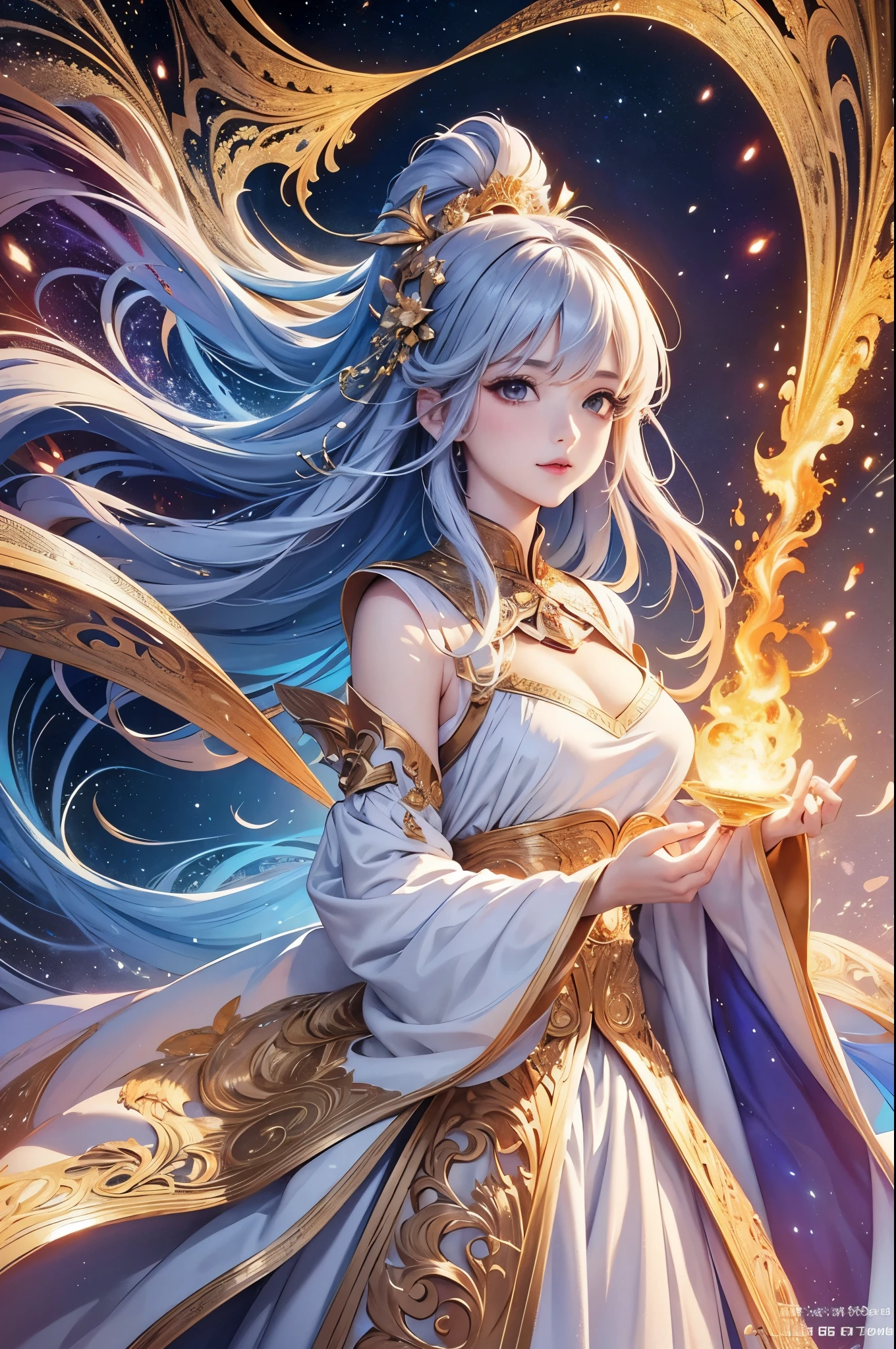 (masterpiece、top-quality、top-quality、Official art、Beautifully Aesthetic:1.2)、(1girl in)、ighly detailed、(Fractal Art:1.3)、colourfull、highestdetailed、dynamic compositions、Poses in motion, fire theme, galaxy