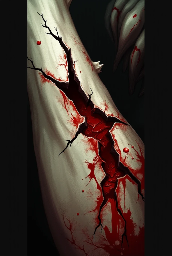 A close-up photograph of a hand with severe, ragged wounds, capturing the aftermath of a traumatic incident. The hand is covered in deep lacerations, blood seeping from the torn flesh. The lighting is harsh, casting dramatic shadows and highlighting the grisly details of the injuries. This image conveys a sense of urgency and the immediate aftermath of a catastrophic event.