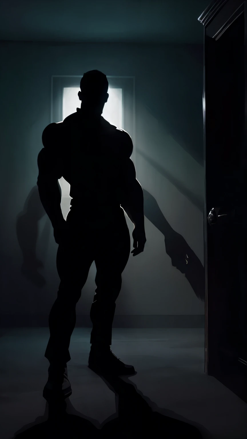 there is a muscular man standing in front of a big screen with smoke, bodybuilder body, wears a tight thong, walks down a dark corridor, deep colors and dark shadows, competition highlights, inspired by George Barrett, Jr., volumetric atmosphere, silhouettes, official photos, sinister