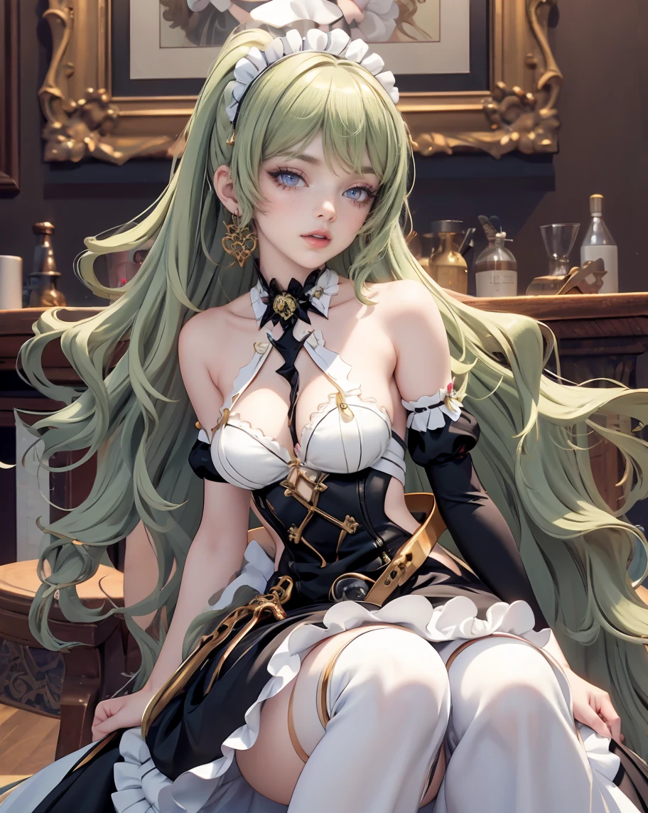 Mobius_(honkai impact 3d), bakery, holding a pastry brush, bakery utensils, cooking a cake, ornament hair, a snake girl, perfectly body, perfectly hands, wave hair, light green hair, long hair, maid, maid dress, maid headdress, maid apron, stand up close to the window, kitchen, kitchen scenery, gold lantern, black dress, skirt, more details on her clothes, black dress, golden details, night, smiling, coat, ((4k, masterpiece, top-quality)),8k, best quality, high resolution, HD, (illustration:0.8), super cute girl, delicate and beautiful face, 1girl, solo, mature girl, super cute hairstyle, (beautiful detailed eyes:1.6), extremely detailed face, perfect lighting, extremely detailed CG, (perfect hands, perfect anatomy), Best quality, cleavage, skirt, full Body, two legs, two arms, two hands, five fingers