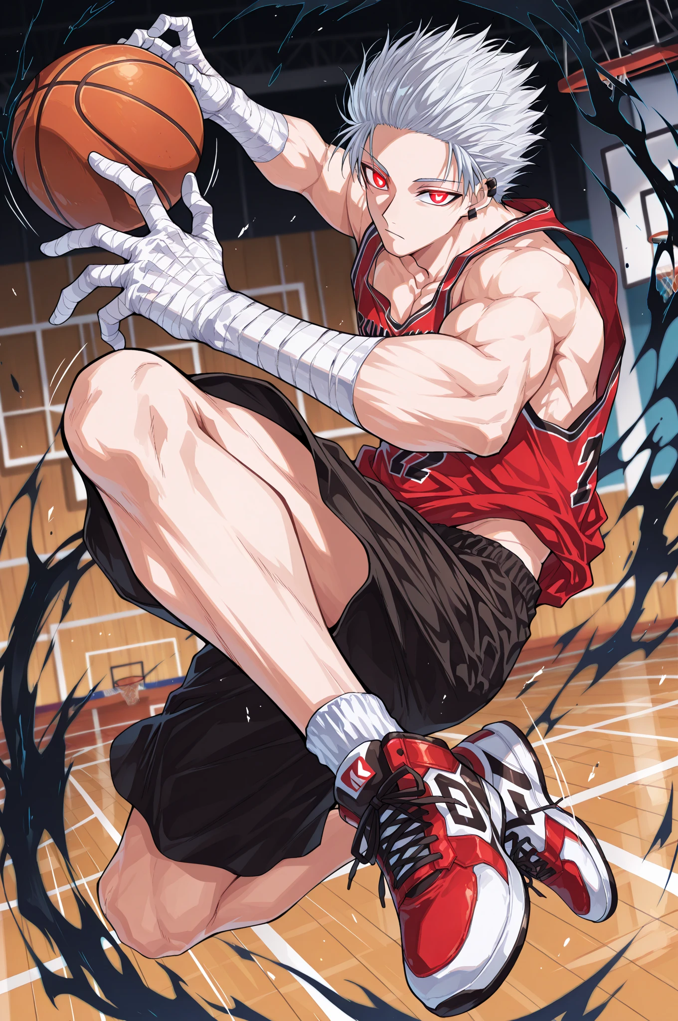 (masterpiece, best quality), amazing quality, very aesthetic, absurdres, highres, newest, perfect , perfect hands, HDR, 8K, intrinsic light, luster, shiny color, strong coloring, masterful shading, high contrast, anime-reference, anime coloring, Sakamoto Days, Yuto Suzuki, dynamic, 1man, solo, male focus, Gaku, silver hair, short hair, slanted eyes, red eyes, earrings, ear piece, bandaged hands, (muscular),  man, handsome, alternative costume, cool, basketball uniform, red tank top, black shorts, glowing clothes, neon trims, intricate fabric, red neon shoes, intricate outfit, solo, dynamic pose, full body, looking at other, (jumping:1.5, dunk shot:1.5, basketball dunk:1.5), mid-air, flaming eyes, (black aura:1.5), movement aura lines, cool pose, dynamic pose, motion lines, glowing movement lines, action scene, fast motion blur, court setting, dark atmosthere, blurry background,