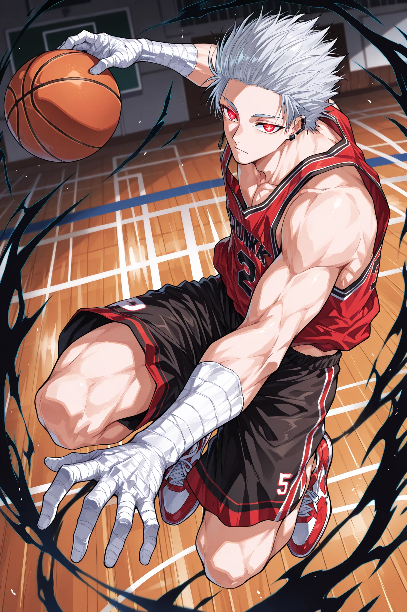 (masterpiece, best quality), amazing quality, very aesthetic, absurdres, highres, newest, perfect , perfect hands, HDR, 8K, intrinsic light, luster, shiny color, strong coloring, masterful shading, high contrast, anime-reference, anime coloring, Sakamoto Days, Yuto Suzuki, dynamic, 1man, solo, male focus, Gaku, silver hair, short hair, slanted eyes, red eyes, earrings, ear piece, bandaged hands, (muscular),  man, handsome, alternative costume, cool, basketball uniform, red tank top, black shorts, glowing clothes, neon trims, intricate fabric, red neon shoes, intricate outfit, solo, dynamic pose, full body, looking at other, (jumping:1.5, dunk shot:1.5, basketball dunk:1.5), mid-air, flaming eyes, (black aura:1.5), movement aura lines, cool pose, dynamic pose, motion lines, glowing movement lines, action scene, fast motion blur, court setting, dark atmosthere, blurry background,