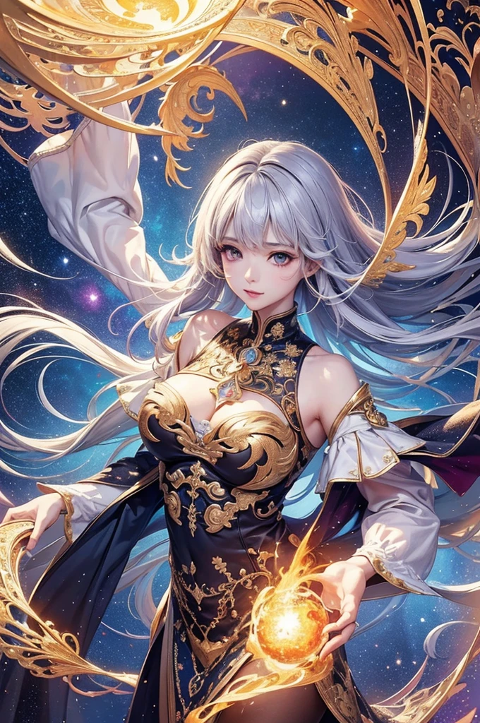 Very beautiful mature milf lich necromancer priest with white hair,blue eyes,big boobs and staff UHD, textured skin, super detail, high detail, high quality,