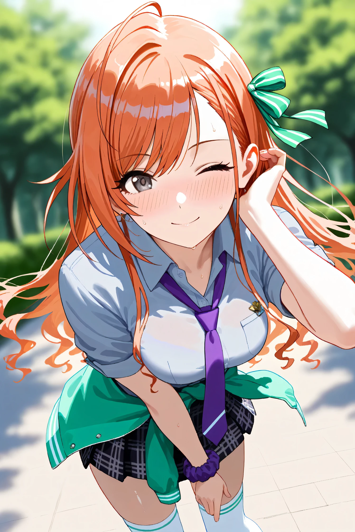 (Masterpiece), (Highest quality), (Very detailed), 
(The best shape), (Best Shadow), (Absurd), 
(Detailed background), (So beautiful), Shiny , 
Extraordinary, Countershading, 8k, 32K, High resolution, Beautiful eyes in every detail,
Very Detailed CG, UHD,

Score_9, Score_8_up, Score_7_up, Source_anime, 
(Pastel painting:1.2), (Watercolor painting:1.2),
(Masterpiece, Detailed:1.2), (Foreshortening:1.2),

Cinematic, Dramatic, (Depth of field:1.4),
(Blurry background:1.4), (Realistic background:1.4),
(Foreshortening:1.3),Dynamic angle, 1 girl,
Outdoor, Summer, Nature, Park, Wind,

Arisugawa Natsuha,
the idolmaster shiny colors,
natsuhaarisugawa, 1girl, solo, orange hair, long hair, ahoge, swept bangs, black eyes, busty, hair ribbon,
green ribbon,

(casual wear:1.3),
formal shirt, gray shirt, Short-sleeved shirt,
tie, purple tie, 
miniskirt, (purple miniskirt:1.2), Check pattern miniskirt,
(thigh-high socks:1.2), white socks,
Tie jacket around her waist, (Souvenir Jacket:1.1), green jacket, white sleeves jacket,
Wear a scrunchie on her left wrist, purple scrunchie,

Portrait, Focus on face, (close up:1.1)
(Blush:1.3), Smile, Happy, Sweat, One eye closed,
Realistic skin, Shiny skin,
