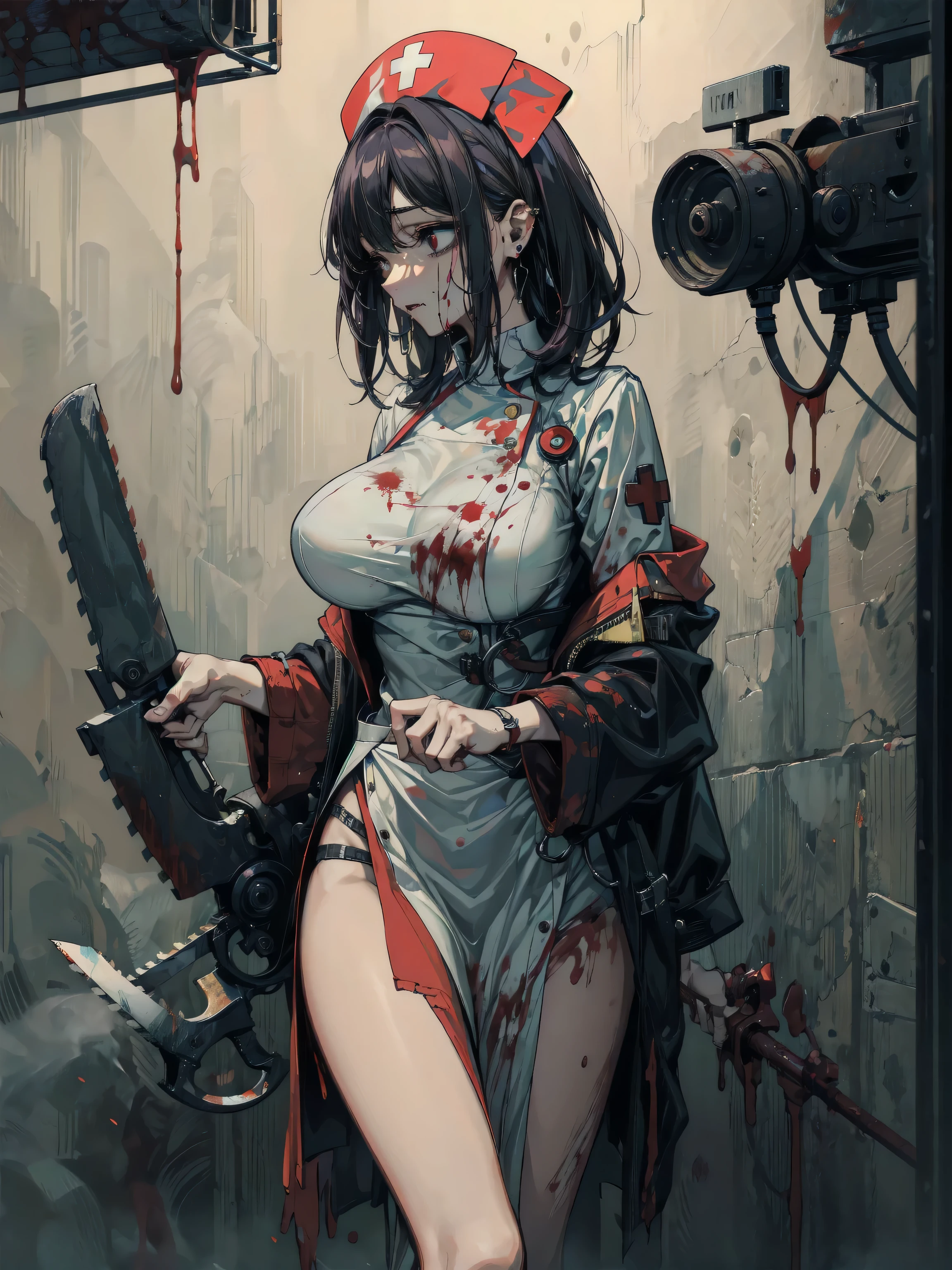 (masterpiece:1.1), (best quality:1.1), (flat colors:1.2), BREAK,
(dark fantasy:1.1), (red theme:1.1), BREAK,
(solo:1.2), (full body pose:1.0), (hourglass body shape), (High heel boots:1.5), (dynamic:1.0), (nun:1.1), (bio mechanical:1.0), (cybernetic parts:1.1), (large breasts:1.0), (tactical vest:1.0), (with buckle and tape:1.0), (mouth mask:1.5), (make a blood sacrifice:1.8), (Skulls on the ground), nude, nsfw, In the artstyle of HR Giger,