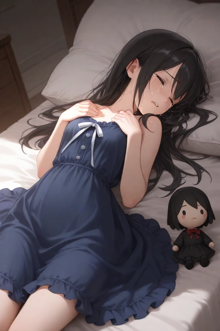 Cute beautiful girl、Embarrassed blush、Budding breasts、Rounding the body、Gothic Lolita Lingerie、Wavy Hair、From above、Her breasts are exposed and she covers her nipples with her hands、Put your hands between your legs,