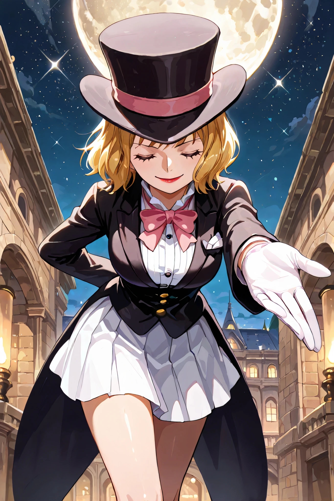 (masterpiece, 2k, high detail) solo, 1girl, stussy, one piece, short hair, blonde hair, red lipstick, blue eyes, sleek legs,( large black silk top hat, pink band) black tuxedo jacket, white shirt under tuxedo jacket, pink bowtie, white miniskirt, ((white gloves)), (smiling, graceful, serene), (dapper), posing in a marble courtyard, night scene, starry background, full moon in the sky, bowing, one hand behind back, offering one hand to the viewer, prim and proper pose, elegant pose, razzle dazzle vibes, close up shot, facing the viewer, (eyes closed)