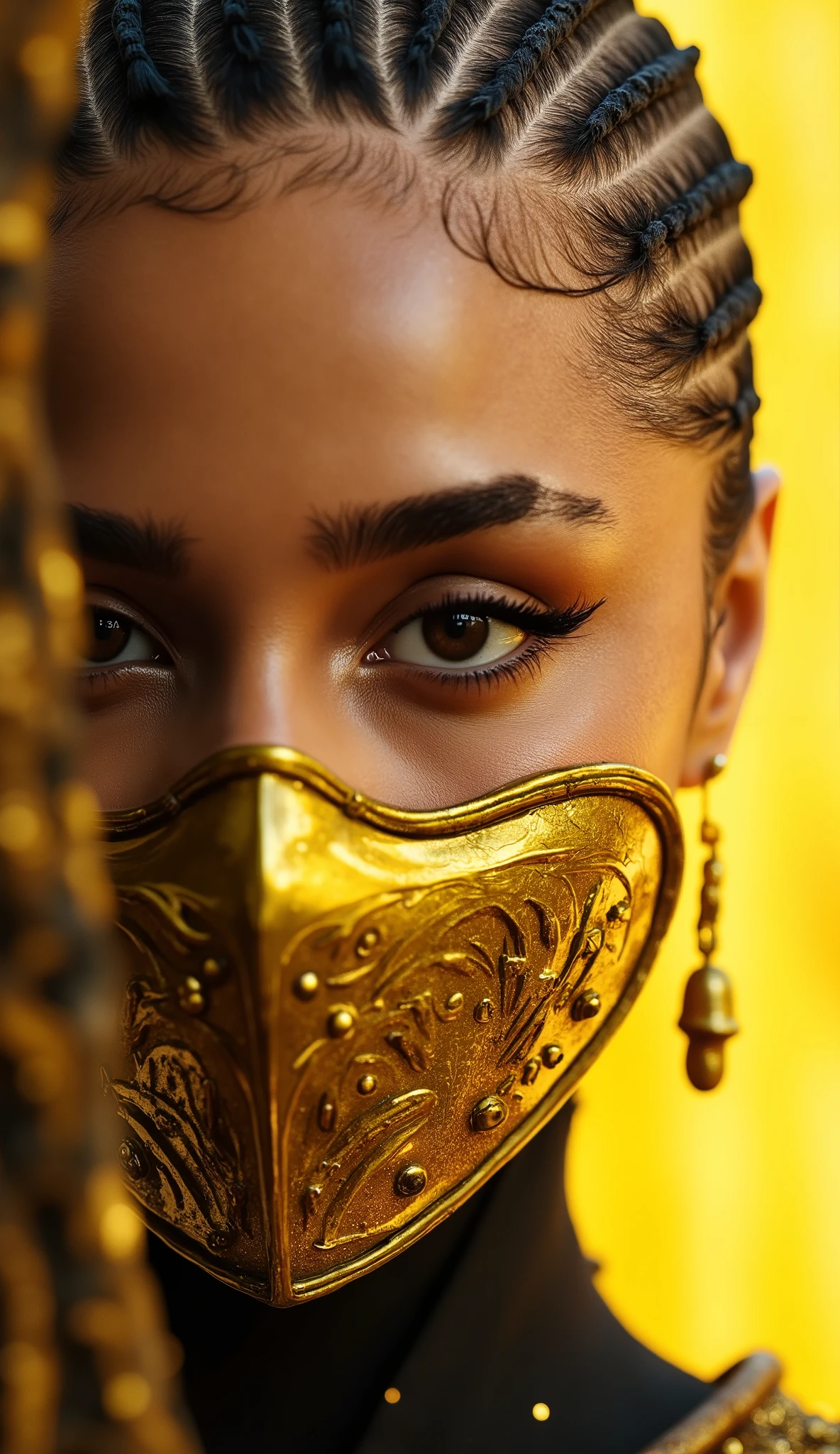Here is a detailed prompt to generate an image **model** of Tyla as **Tanya**, focada **only on the face**, with a very detailed and shiny metallic yellow and gold mask, and an impactful background: --- **"Hyper-realistic close-up of Natalie Portman's face as Tanya, the cunning and lethal warrior of * mortal kombat*. She has a confident and mysterious expression , with penetrating eyes that convey cunning and determination. His yellow and gold metallic mask covers part of the face, with intricate details and brilliant reflections that highlight the shimmering material. The mask is adorned with tribal patterns and small gold ornaments that complement his look. The lighting is dramatic , with shades of yellow and gold , creating strong contrasts between light and shadow. The background is a realistic and mystical setting, with diffuse lights, soft mist and elements of an ancient temple, adding an intense and enveloping atmosphere."** --- she is wearing the mask **Extra details for realism:** - **mask:** Highly detailed design, with metallic reflections , tribal patterns and shiny gold ornaments. - ** Expression:** looking confident and mysterious, conveying the cunning and lethal essence of Tanya. - **Fundo:** Hyper-detailed textures on the temple walls and in the surrounding fog. This prompt combines iconic Tanya elements with Natalie Portman's unique look, ensuring a cinematic and immersive result! 🔥