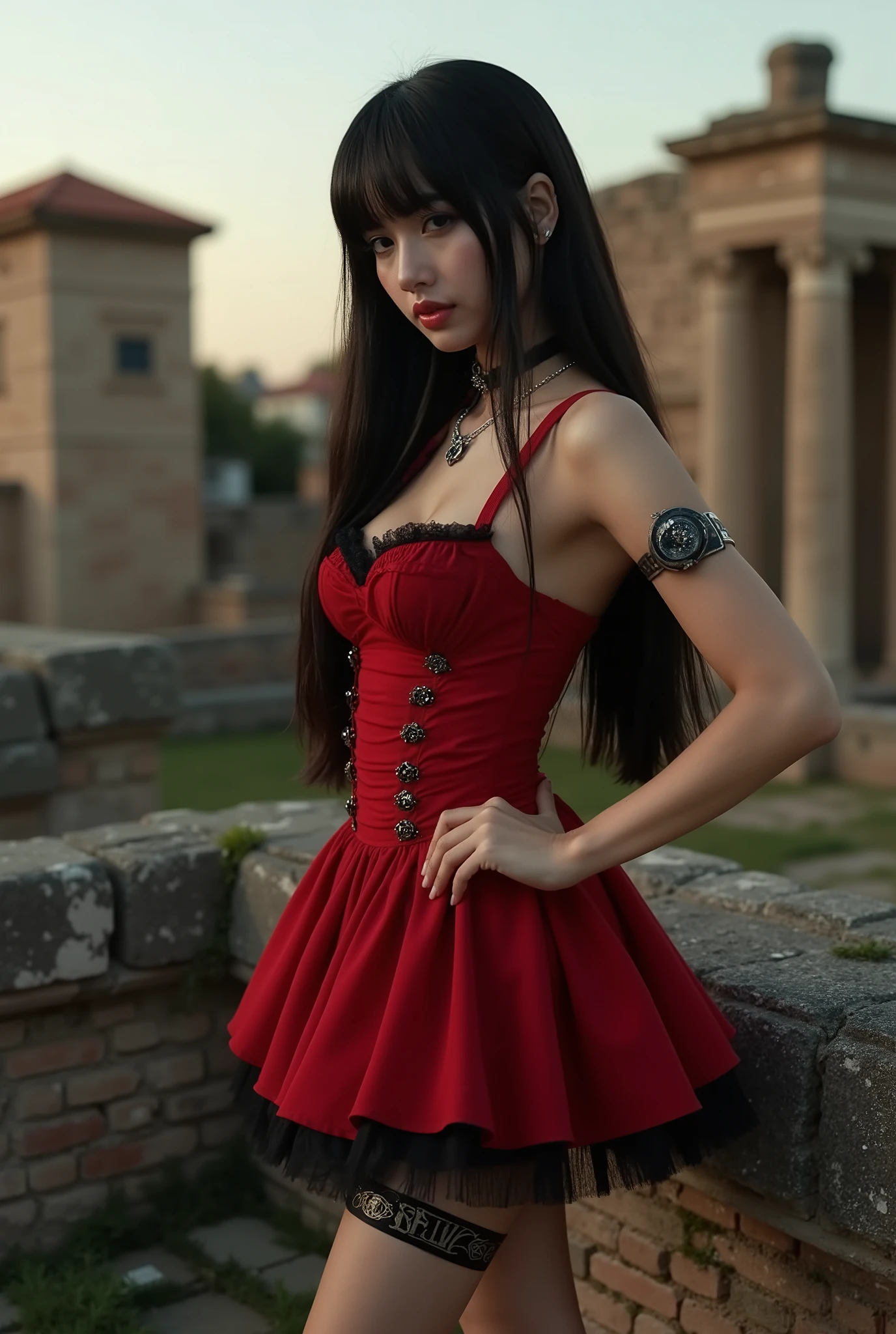 Create a stunning portrait of a beautiful Japanese female singer. She has a slender body, small bust, and thin legs, with long hair and bangs. She's wearing a red Gothic-style mini dress and Gothic makeup. The background features ancient Roman ruins, set during the evening, captured from a dynamic angle.