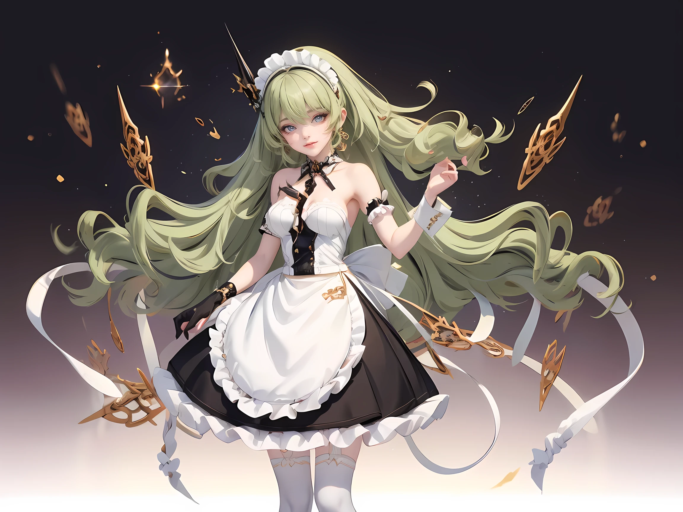 1girl, green hair, harness, black dress, solo, ponytail, ahoge, symmetrical gloves, harness, maid dress, collarbone, garter on the legs, stand up, white apron, maid dress, maid, streaked hair, thigh gap, harness, very long hair, solid background, maid uniform, full body, too many frills in her dress, magical girl, perfectly body, gold jewelry, harness, jewelry, Cute pose, beautiful ponytail, with big lips, freckles, glow eyes, long hair with long ponytail hair and bangs, perfect body, perfect hands, white boots, boots, frills, harness, maid uniform, maid dress, maid uniform, maid apron, garter on the legs, small skirt, lux dress, gold jewelry, solid background, best quality, blushing, maid uniform, maid headdress, maid dress with too many frills, ponytail, short skirt, sparkle, harness, centered girls, stand up, full body, glowing hair, magical girl, sparkles, more details on her clothes, golden details on her dress, harness, maid uniform