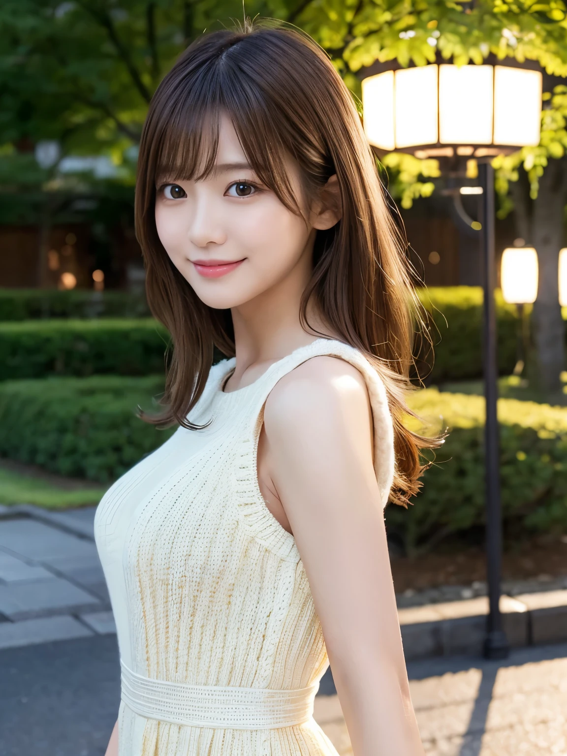 ​masterpiece, 1 beautiful girl, A detailed eye, Puffy eyes, top-quality, 超A high resolution, (Realistic : 1.4), cinematic lighting, Japanese, Asian Beauty, Super beauty, Beautiful skin, A slender, (A hyper-realistic), (high resolution), (8K), (high detailed), (beautifully detailed eyes), (ultra-detail), (wall-paper)、A detailed face, professional lighting, at view-art, (The costume a yelow knitted dress), Long hair, hair messy, asymmetrical bangs, Brown hair, Japan idle, Korean Idol, posing Gravure Idol, age23, tall, smile, green park scene, (Body posture facing the camera),