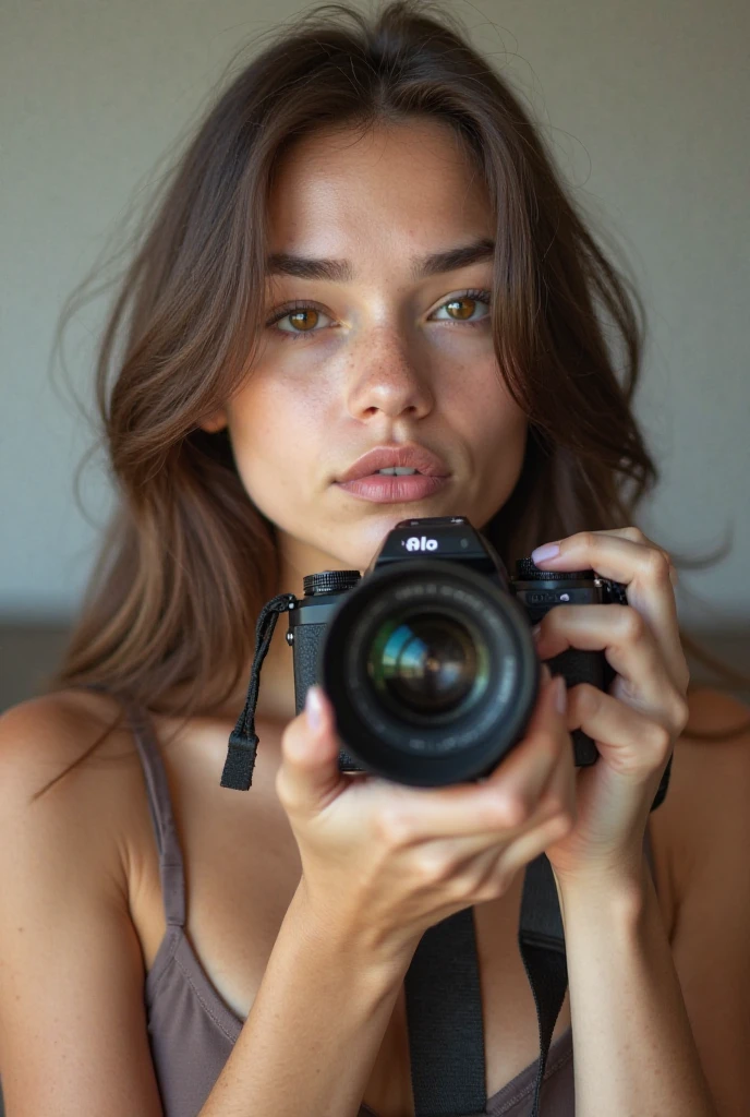 masterpiece, best quality, extremely detailed, hyperrealistic, photorealistic, from below, a beautiful photographer, holding a camera with both hands, peering through that camera viewfinder:1.1

