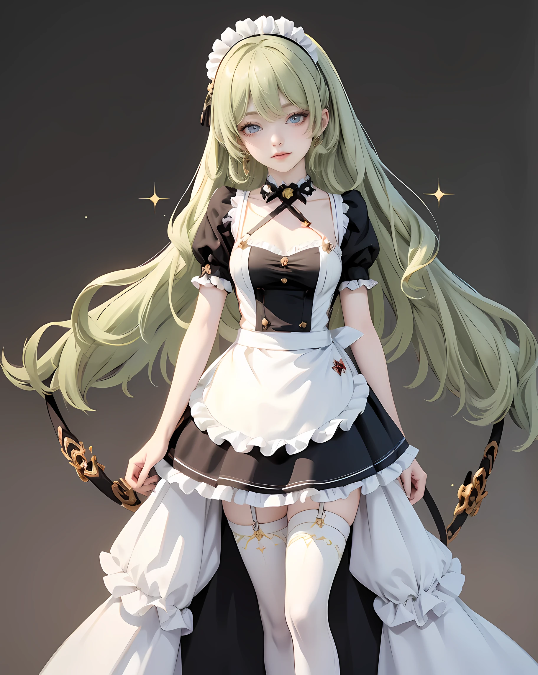 1girl, green hair, harness, black dress, solo, ponytail, ahoge, symmetrical gloves, harness, maid dress, collarbone, garter on the legs, stand up, white apron, maid dress, maid, streaked hair, thigh gap, harness, very long hair, solid background, maid uniform, full body, too many frills in her dress, magical girl, perfectly body, gold jewelry, harness, jewelry, Cute pose, beautiful ponytail, with big lips, freckles, glow eyes, long hair with long ponytail hair and bangs, perfect body, perfect hands, white boots, boots, frills, harness, maid uniform, maid dress, maid uniform, maid apron, garter on the legs, small skirt, lux dress, gold jewelry, solid background, best quality, blushing, maid uniform, maid headdress, maid dress with too many frills, ponytail, short skirt, sparkle, harness, centered girls, stand up, full body, glowing hair, magical girl, sparkles, more details on her clothes, golden details on her dress, harness, maid uniform
