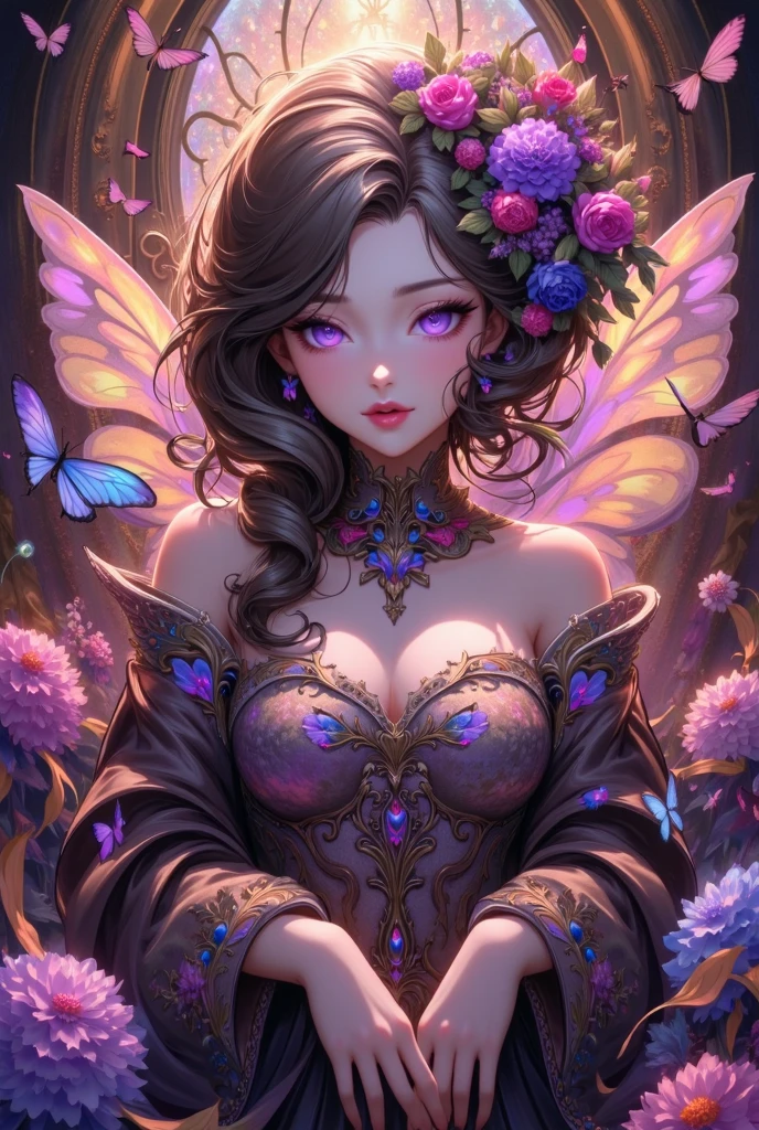 nsfw:1.1, high resolution:1.7, incredibly absurdres, kawaii:1, cute:1.5, hires.fix,anime visual:1,incredibly fine illustration,8k,masterpiece:1.2,best quality, high quality, exquisite, beautiful,insanely detailed, intricate detailed, extremely detailed, Super Definition,ultra high res, Super Resolution, best aesthetic, ultra detailed:1.5,best quality, perfect face, detailed face, masterpiece:1.2, illustration:1.2, 8k cg wallpaper, stunning art,absurdres,octane render,ultra hires, cute oppai elf,(((little mature woman,oppai body,little))),((anime elf oppai with extremely cute and beautiful black hair)),((((black hair:1.5,straight long black hair,very long hair,colored inner hair,ear breathing)))),((purple_eyes:1.3))),intricate eyes,beautiful detailed eyes,symmetrical eyes,(((fair skin,lustrous skin:1.5,bright skin: 1.5,shiny skin,very shiny skin,shiny body,plastic glitter skin,exaggerated shiny skin,illuminated skin))),(detailed body,(detailed face)),voluptuous, detailed lips and eyes, expressive face, (attractive appearance:1.5), cute,slutty,erotic,daring,(((nsfw))), (((very long black tunic,revealing clothing,show skin,(Butterfly Wings),(sideboob),purple theme, black theme))),gold jewelry,(((intricate outfit,intricate clothes,embroidered outfit,ornate outfit))), annoyed expression, semy closed eyes, frown, (standing), (folded arms:1.4),(centered,scale to fit dimensions,Rule of thirds), ((snowy pine forest at night)),with dark stormy clouds,winter,scenery:1.25,((snow forest background)),Christmas tree, (Glossy winter ornaments),highres,sharp focus,(ultra detailed,extremely detailed),(photorealistic artwork:1.37),(extremely detailed CG unity 8k wallpaper),(((vibrant colors,vibrant theme))),(intricate),(masterpiece),(best quality),