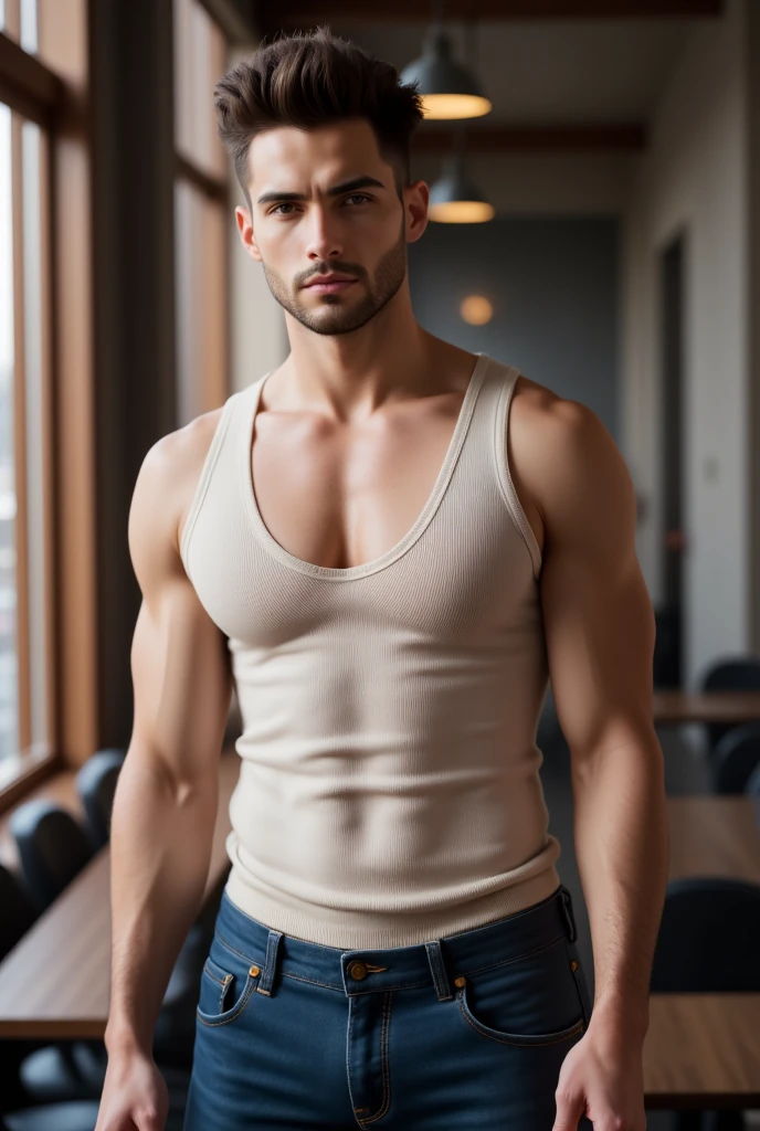 Masterpiece, denoise, void noise, one man, best quality, 8k resolution, male focus, focus only, amazing composition, volumetric lighting, super quality, elegant, Very detailed, front view, -----------, 35 years old, mature face, muscular, ((((Caucasian white man)))), (((white skin)), ((pale skin))), very handsome, (detailed light-blue eyes), ((dark brown hair)), big ears, (hairy), (scruffy beard), ((big pink nipples)), ((perky nipples)) ((())) ------------, ((((detailed black pants)))), ((((black tank top pulled up)))), (((hands on chest))),
