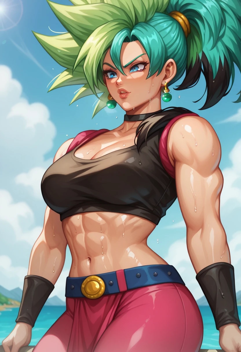 (best quality, 8k masterpiece),hyper detailed full HD green hair, green earrings, yoga pants, yoga bra,(( large breasts ))(( muscular)) tight skin, toned, (thick muscular feathers ), smug, smile, kefla, thin waist, backlight,