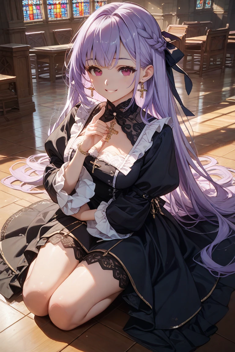 young girl, long curly lilac hair, purple eyes, sheep horns, princess dress, open breasts, sitting in a wheelchair, masterpiece, high quality, high detailed, HD, 4K