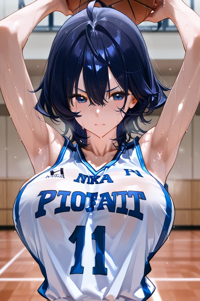 mastute piece,Best Quality,insanely detailed,8k cg,nsfw,
(shoot upper body:1.3),
(1girls:1.3),standing,looking at viewr,body in front,both arms behind back,(Basketball Uniforms),(bare breasts:1.2),
break,
blush,shy,(ecstasy face),(trembling:1.2),break,(light blue hair),
break,
perfect breasts,perfect teats,(open mouth:0.9),(large breasts:1.3),
(Basketball court)、