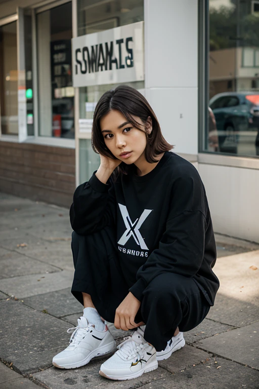 An 18 year old Indonesian teenager, boyfriend bob haircut, wearing a white oversized hoodie and black buggy cargo pants, is sitting in front of an Indonesian-inspired building