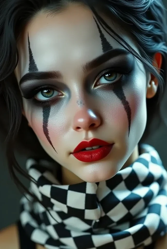 A close up of a woman with therefore and white makeup and a checkered ...