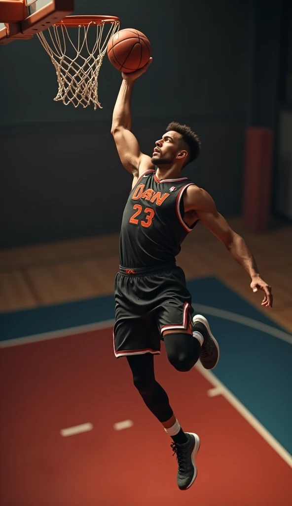 basketball, Demi-terrain, 1 ballon, 1 joueur , ((Slam Dunk)), peau musclée, uniforme de basket-ball, ((Tir dunk )), Saute haut et tire vers le bas, angle de caméra de haut en bas