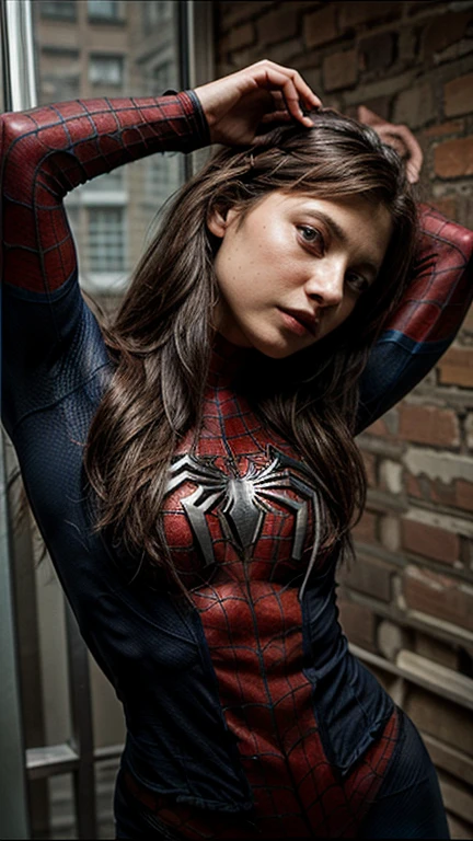 Anne Hathaway、stick out the navel、new york、She's wearing a torn Spider-Man suit,Wearing a skirt、 Red and black color scheme,dynamic、masterpiece、highest quality、Ultra-detailed、Very detailed、Beautiful sparkle in the details、超A high resolution