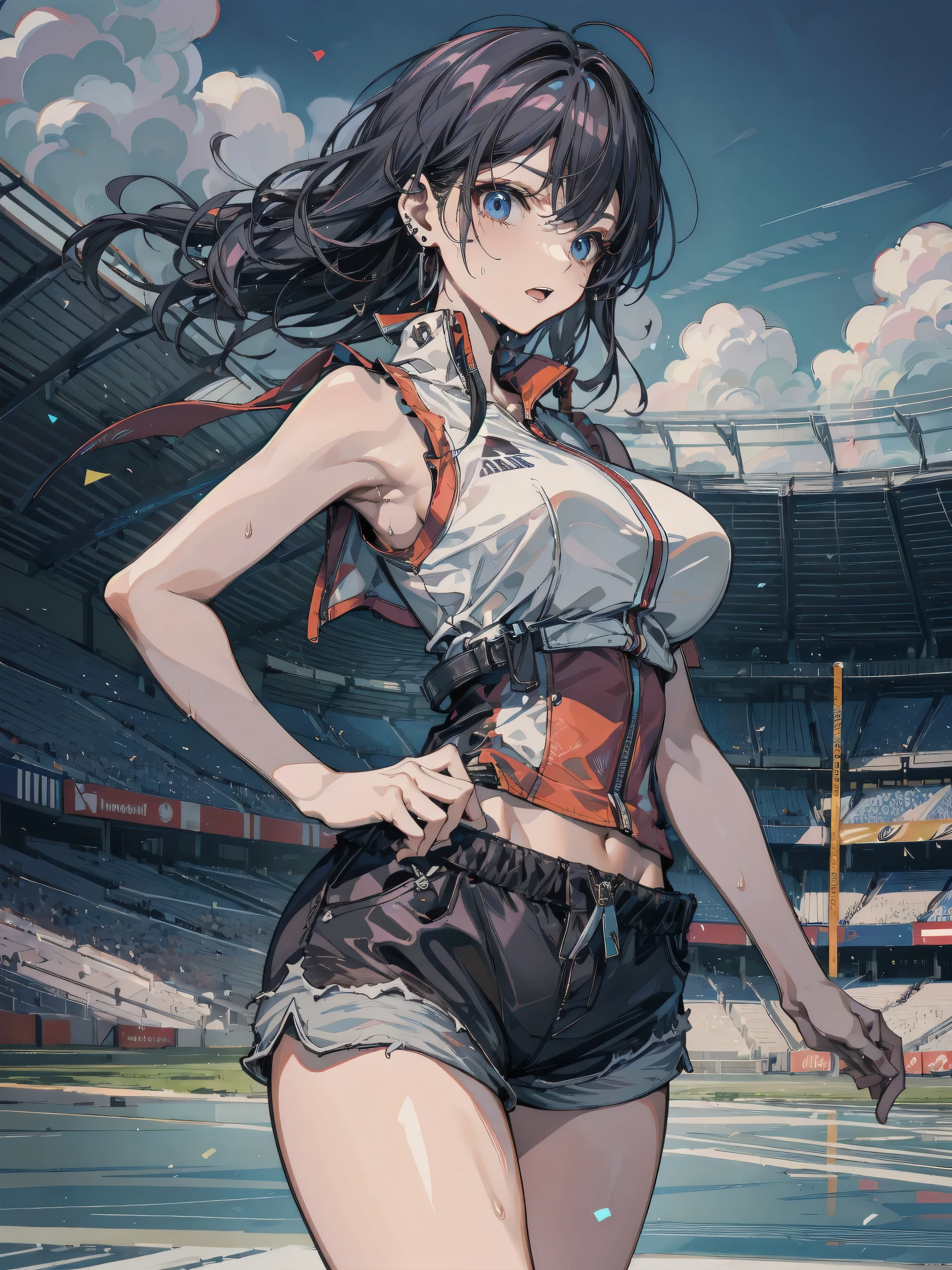 1girll,tennis player,s the perfect face,crisp breasts, Convex buttocks,White sports short sleeves,Short white pleated skirt,White sport socks,White tennis shoes,Wet hair,High ponytail,body soaking wet,Swing the paddle,tennis court,Sunnyday,Clouds, Detailed background, Clothing details, perfectly proportioned, filmgrain, Fuji colors, lightand shade contrast, tmasterpiece, high detal, high qulity, A high resolution, Cinematic lighting, 8K, Textured skin, Super detail