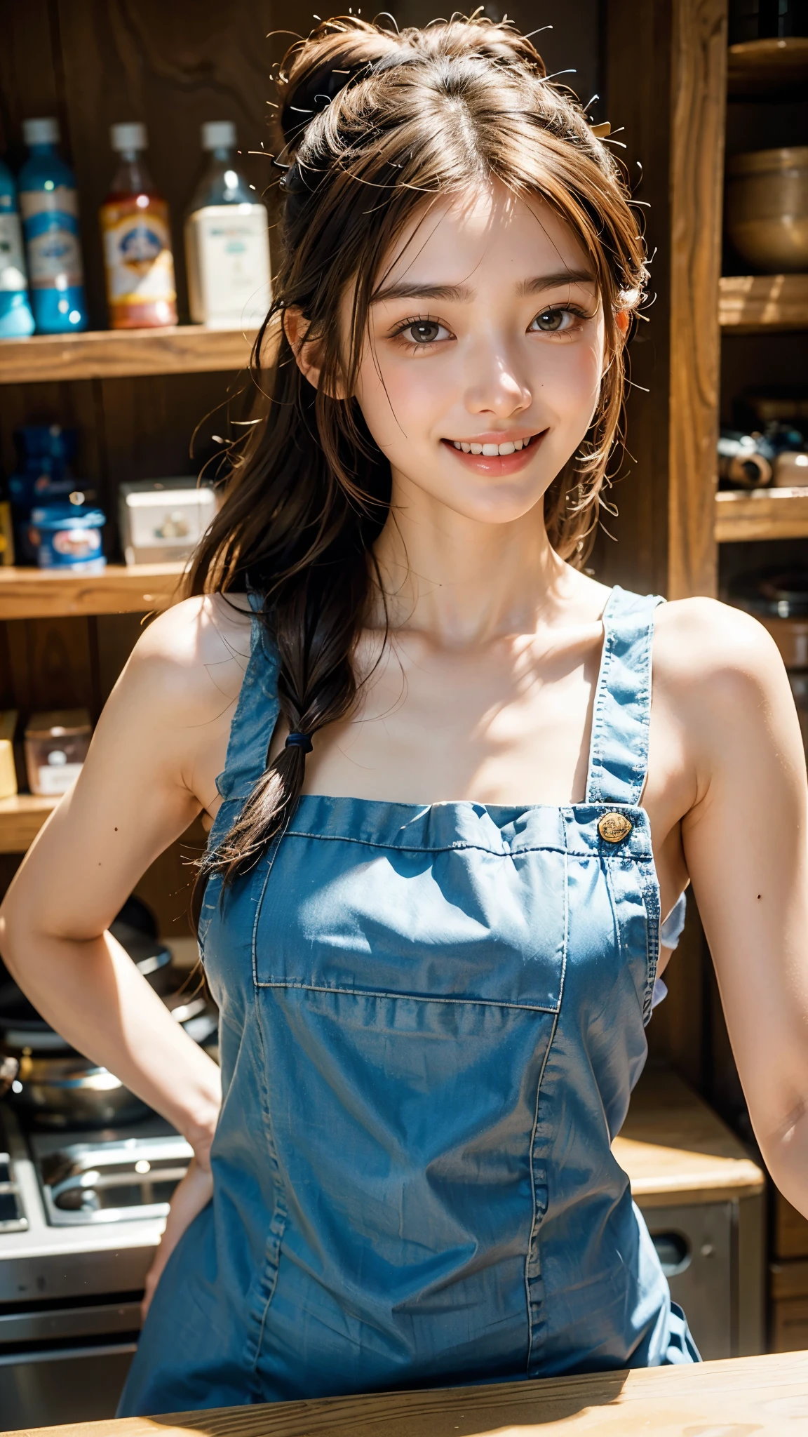 (From below:1),((1girl in)),Light Brown Fringe Hair、Braided hair、disheveled hair、Light brown eyes、(dignified expression)、(Jeans Apron),(爆乳)、No Shoulder、Tank tops、((fullnude))、Emphasize the valley、grass field、blue-sky、(Photorealsitic)、(intricate detailes:1.2)、(masterpiece、:1.3)、(top-quality:1.4)、(超A high resolution:1.2)、超A high resolution、(A detailed eye)、(detailed facial features)