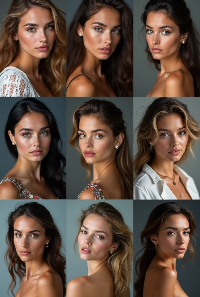 Create a template of four images of a brunette girl with wavy hair, greenish brown eyes, thick lips, very sensual, sweet but provocative look, with her hair tied back in a ponytail, but always with the same face.