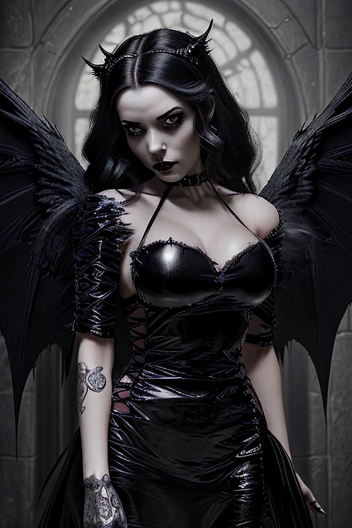 (Highly detailed and realistic CG, Masterpiece, Best quality, Ultra-detailed),ange,Divine presence,dark lighting,leather clothing, (black lipstick),tatouage,angelic expression,pose puissante,Divine beauty,detailled eyes,detailed lips,Black Angel Wings,Background of the starry sky