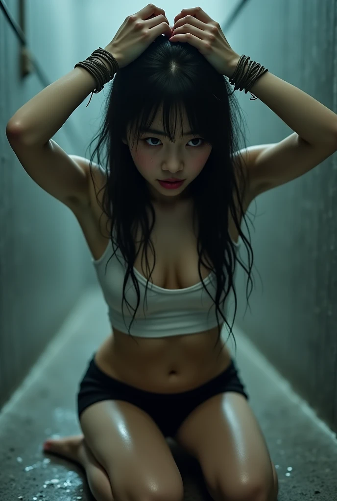 photorealistic korean girl, 18 years old, wearing bra and underwear, slim and skinny, in a dark basement, fearful expression, bound with hands raised up and tied with ropes, sweating, showing wet armpits, full body shot, high quality, 8k, photorealistic, hyper detailed, dramatic lighting, moody atmosphere, realistic skin textures, intricate details, dramatic pose, cinematic composition