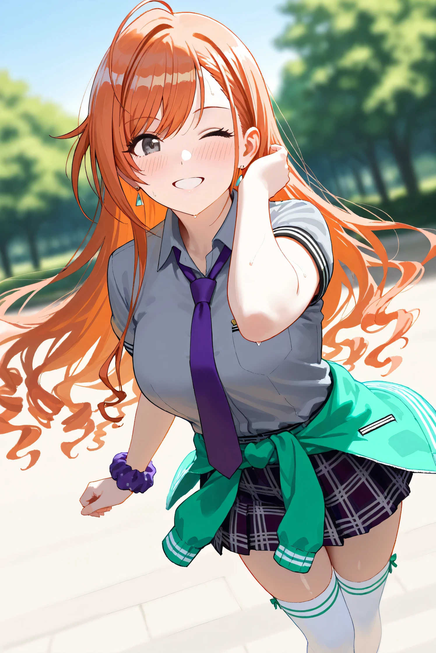 (Masterpiece), (Highest quality), (Very detailed),
(The best shape), (Best Shadow), (Absurd),
(Detailed background), (So beautiful), Shiny ,
Extraordinary, Countershading, 8k, 32K, High resolution, Beautiful eyes in every detail,
Very Detailed CG, UHD,
Score_9, Score_8_up, Score_7_up, Source_anime,
(Pastel painting:1.2), (Watercolor painting:1.2),
(Masterpiece, Detailed:1.2), (Foreshortening:1.2),
Cinematic, Dramatic, (Depth of field:1.4),
(Blurry background:1.4), (Realistic background:1.4),
(Foreshortening:1.3),Dynamic angle, 1 girl,
Outdoor, Summer, Nature, Park, Wind,
Arisugawa Natsuha,
the idolmaster shiny colors,
natsuhaarisugawa, 1girl, solo, orange hair, long hair, ahoge, swept bangs, black eyes, busty, hair ribbon,
green ribbon,
(casual wear:1.3),
formal shirt, gray shirt, Short-sleeved shirt,
tie, purple tie,
miniskirt, (purple miniskirt:1.2), Check pattern miniskirt,
(thigh-high socks:1.2), white socks,
Tie jacket around her waist, (Souvenir Jacket:1.1), green jacket, white sleeves jacket,
Wear a scrunchie on her left wrist, purple scrunchie,
Portrait, Focus on face, (close up:1.1)
(Blush:1.3), Smile, Happy, Sweat, One eye closed,
Realistic skin, Shiny skin,