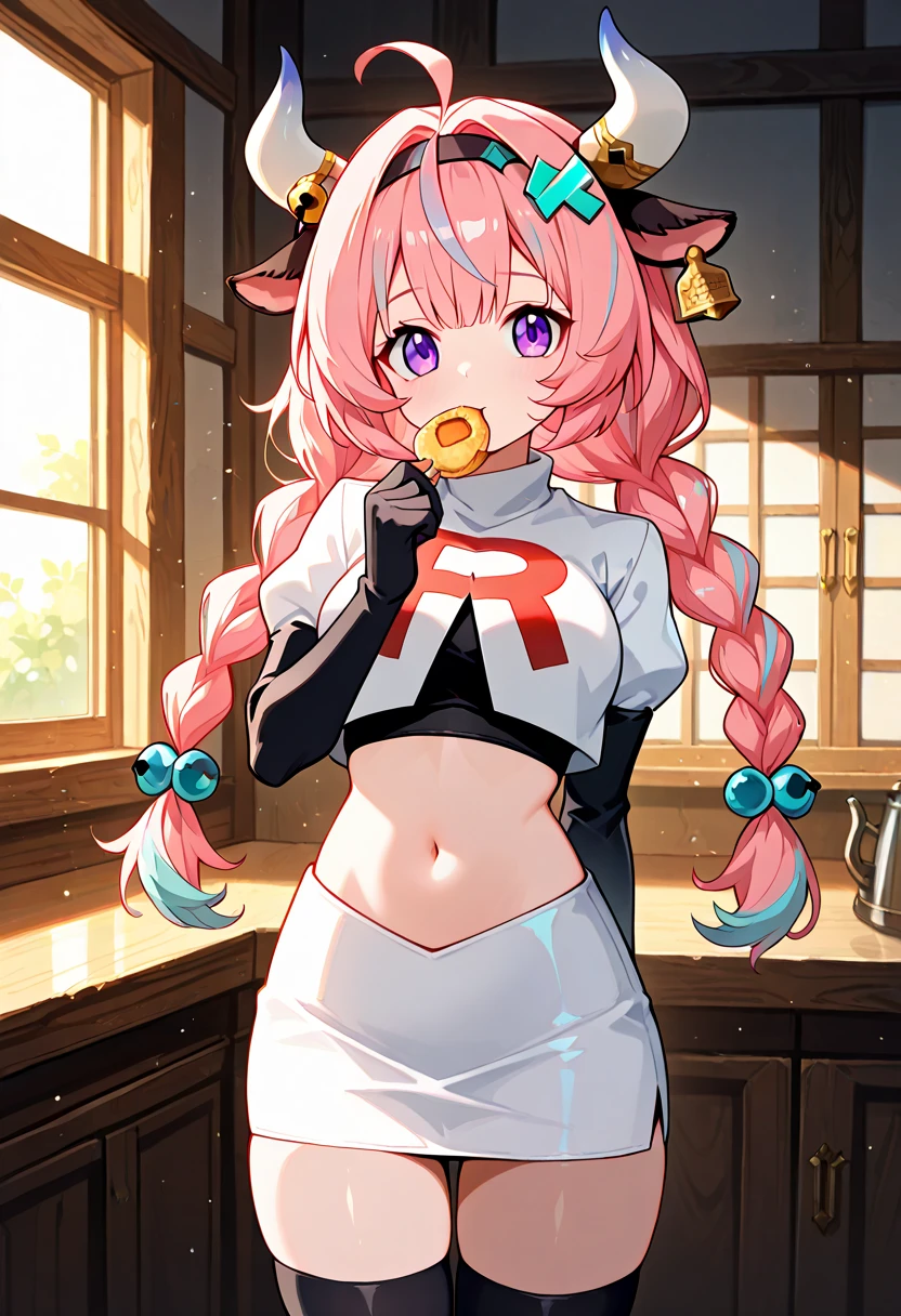 cow print, pink hair, looking at viewer, hood, hoodie, braid, 1girl, white background, smile, cow print hoodie, hair over one eye, thighs, breasts, simple background, solo, hood down, animal print, sitting, yellow eyes, thighhighs,elf <lora:cowprint-10:0.7>