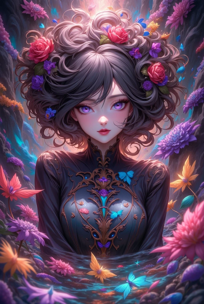 A stunning anime girl with an intricate floral tattoo on her neck, exuding elegance and beauty.,in the style of neon realism, dark pink and light black, gothic art nouveau, anime-inspired character designs, dark white and indigo, bold yet graceful, cyberpunk manga, detailed costumes --ar 3:4