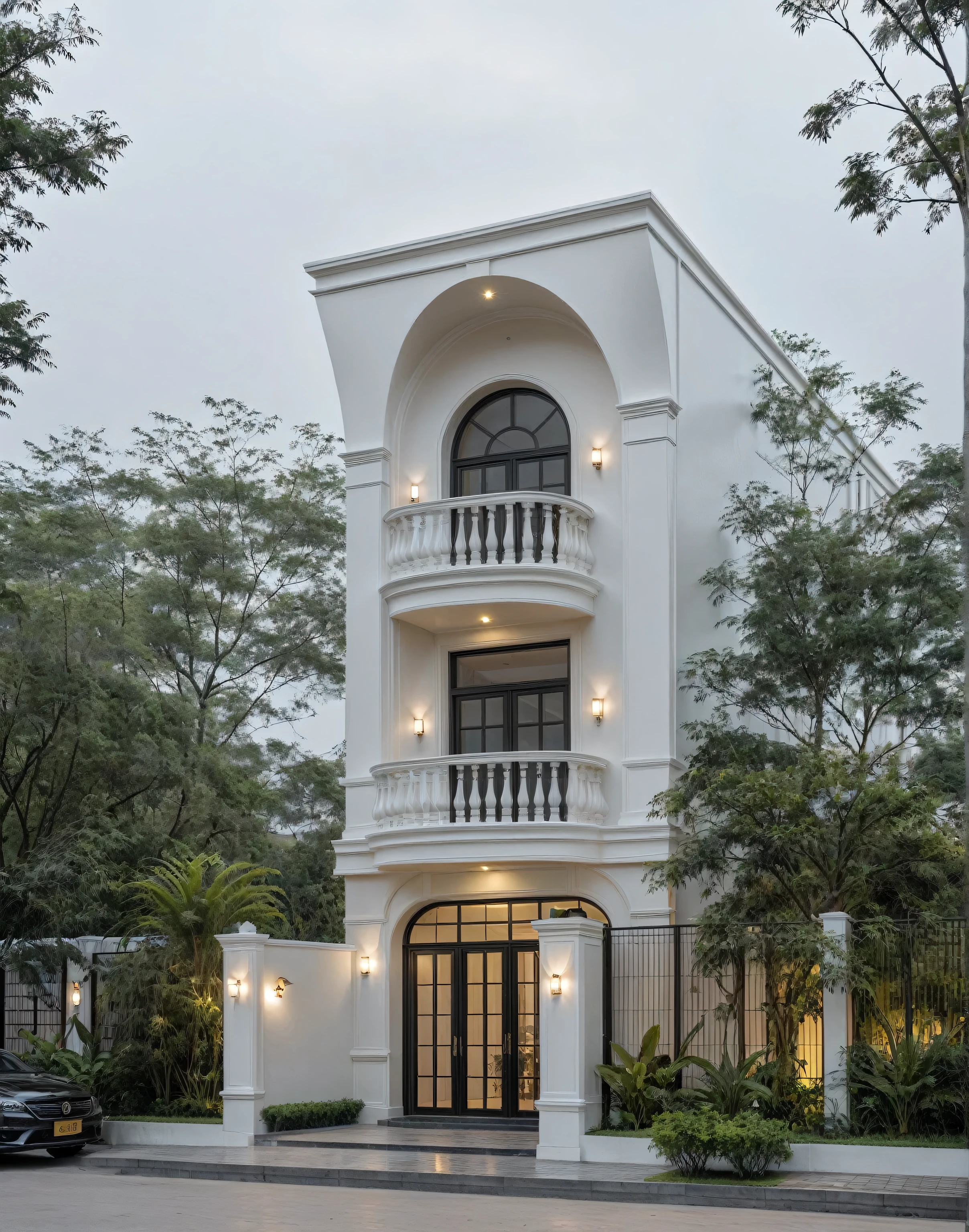 RAW photo, a photo of a classic house, (curvilinear architecture:1.4), rounded wall , white wall ,steel dark door, classic bancony, sidewalk, sidewalk, trees, road, viet nam modern residence, ((architectural shot)), classic house, new residential area, wide angle exterior 2022, contemporary house, exterior photography, masterpiece, contemporary architecture, overcast, indirect lighting, rainy road, light interior, no beside door