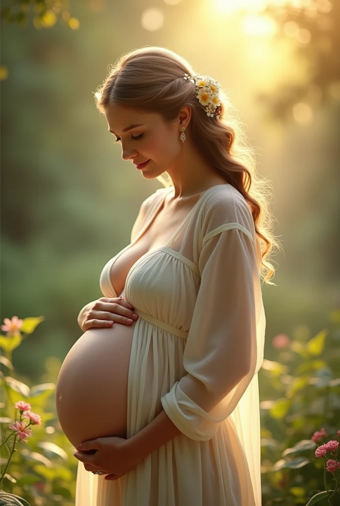 A fertile mom with long hair and beautiful eyes. Hugging her belly. Sunset inte backgroynd. She is outside. Lots of flowers in her hair.