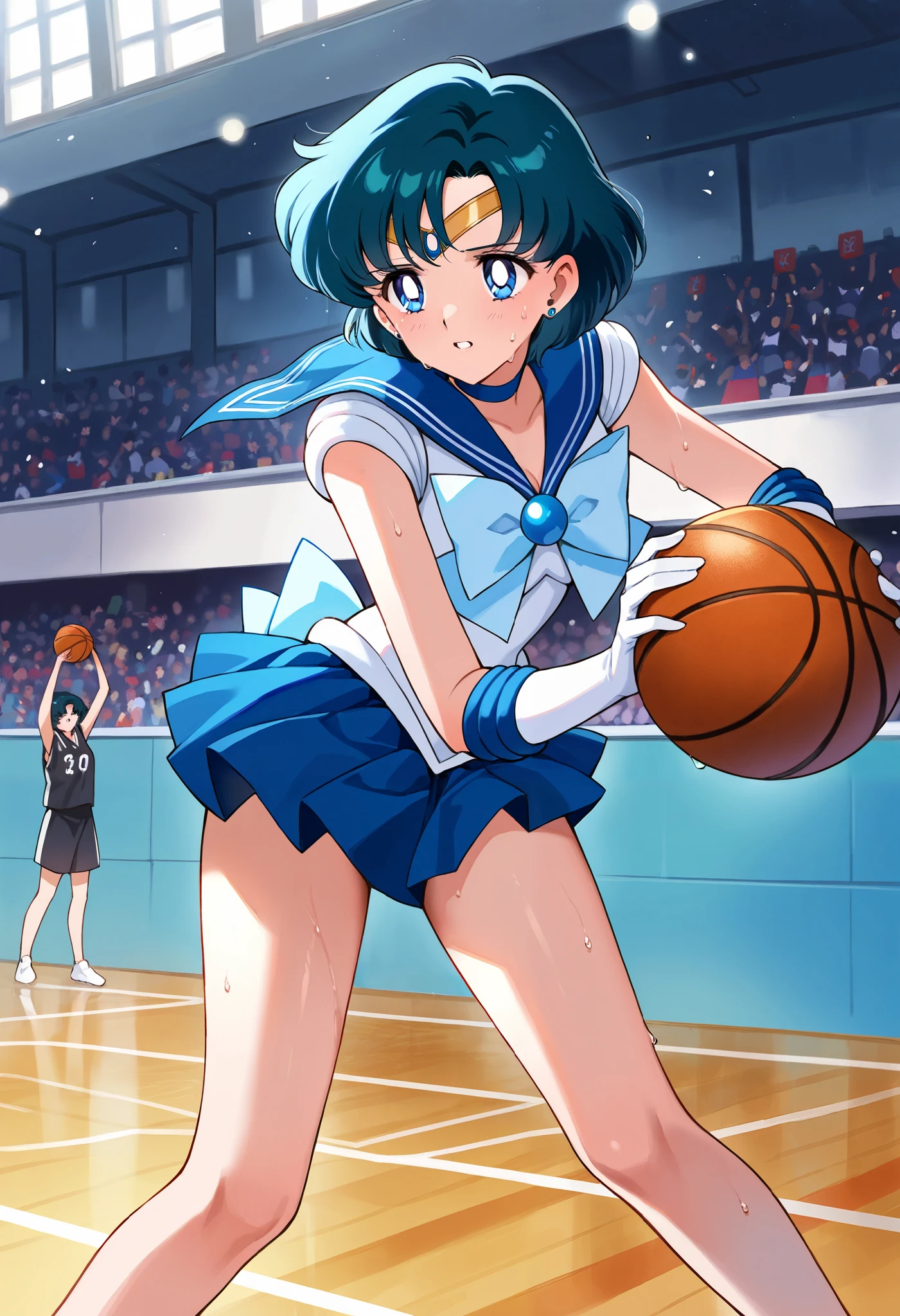 girl, solo, Mizuno Ami, Sailor mercury(from the anime Sailor Moon), Wearing tracksuits, playing basketball, basketball court in the background, cheering spectators, sweat, elegant posture, dilapidated, clear face, beautiful eyes, masterpiece, best quality, very aesthetic.