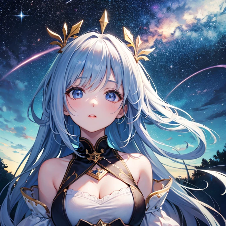 A princess with a delicate and beautiful face, large eyes, and translucent skin is looking up at the moon from a castle, enchantingly dressed in a traditional and glamorous medieval European dress and wearing a large hair ornament. A gentle, warm light surrounds the princess. The background is filled with soft out-of-focus light, and the pale blue and purple tones create a dreamy, serene, and enchanting atmosphere. Fireflies glowing in the moonlit night surround the princess, adding to the magical and ethereal atmosphere. Emphasis on the armpit and clavicle