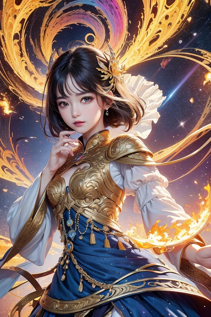 Official Art, Unified 8K Wallpapers, Ultra Detailed, Beautiful and Aesthetic, Masterpiece, Best Quality, (Zentangle, Tangle, Entangle), (fractal art: 1.4), 1girl, black hair, Chinese, off-the-shoulders, short skirt, calves, very detailed, dynamic angle, cowboyshot, (most beautiful form of chaos), ethereal, (bright colors), oc, (half: 1.2), china, (thangka flying sky: 1.5), (ribbon: 1.3), (dream: 1.5), (hanfu: 1.5), Chinese dragon, Chinese phoenix, (smile: 0.5), (Chinese deity),